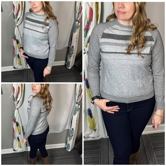 Calvin Klein Italian Yarn Heather Gray Striped Sweater |Merino Wool Blend | Sz M - Picture 2 of 9